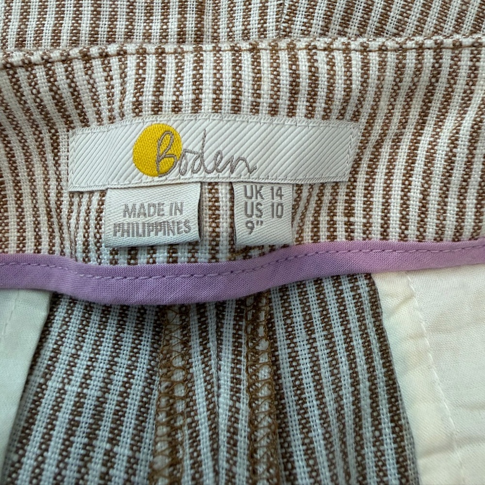 Boden Women’s Falmouth Linen Button Shorts 9” Tan Ecru Stripes Size 10 - Picture 4 of 8